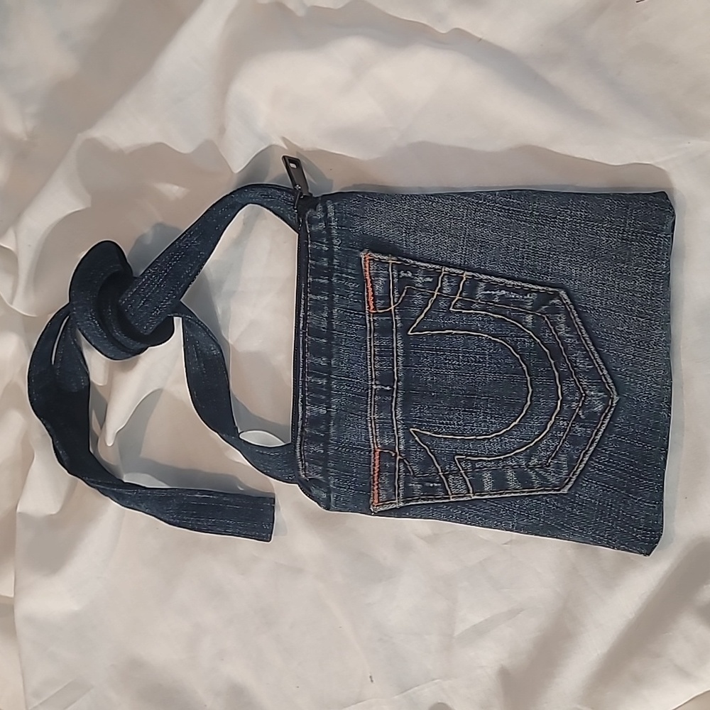 Handmade denim cross body bag made with Tru Religion jeans